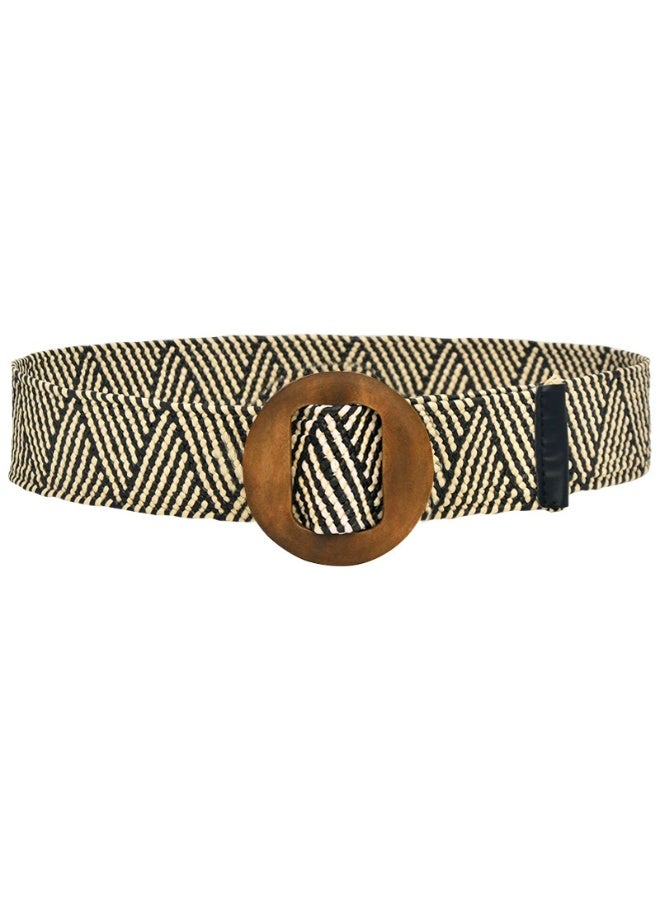 Goolsky Ethnic Style PP Grass Belt with Wooden Buckle Round Buckle Elastic Non-Piercing Wide Waistband Bohemian Girdle - Image 2