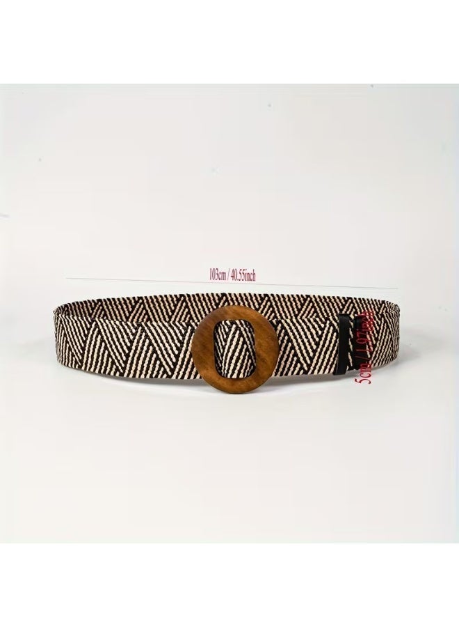 Goolsky Ethnic Style PP Grass Belt with Wooden Buckle Round Buckle Elastic Non-Piercing Wide Waistband Bohemian Girdle - Image 5