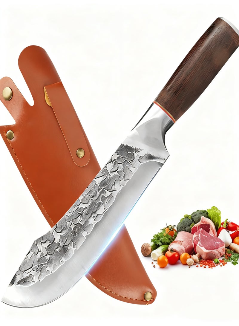 سكين لحم سكين لتقطيع اللحم، سكين إزالة العظم احترافي للطهاة، سكين تقطيع اللحم للسمك واللحوم، سكين بمقبض خشبي كامل، سكين طهاة مع غمد سكين مطبخ سكين إزالة العظم مصنوع يدويًا على الطراز الياباني سكاكين جزار كاملة للمطبخ المنزلي والتخييم في الهواء الطلق والشواء - Image 1