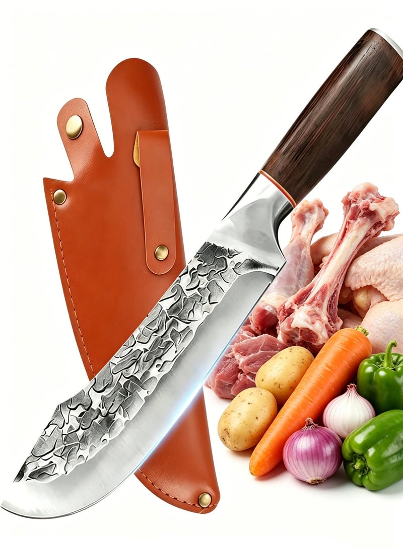 Saiboro Kitchen Knife Chef Knife With Leather Sheath Viking Knife Forged Steel,Meat Knife Boning Knife for Meat Cutting, Professional Chef Deboning Knife, Butcher Trimming Fillet Knife for Meat Fish, Full Tang Wood Handle Knife，Chef Knife with Sheath Kitchen Knife Hand Forged Boning Knife Japanese Style Full Tang Butcher Meat Knives for Home Outdoor Camping Kitchen BBQ - Image 1