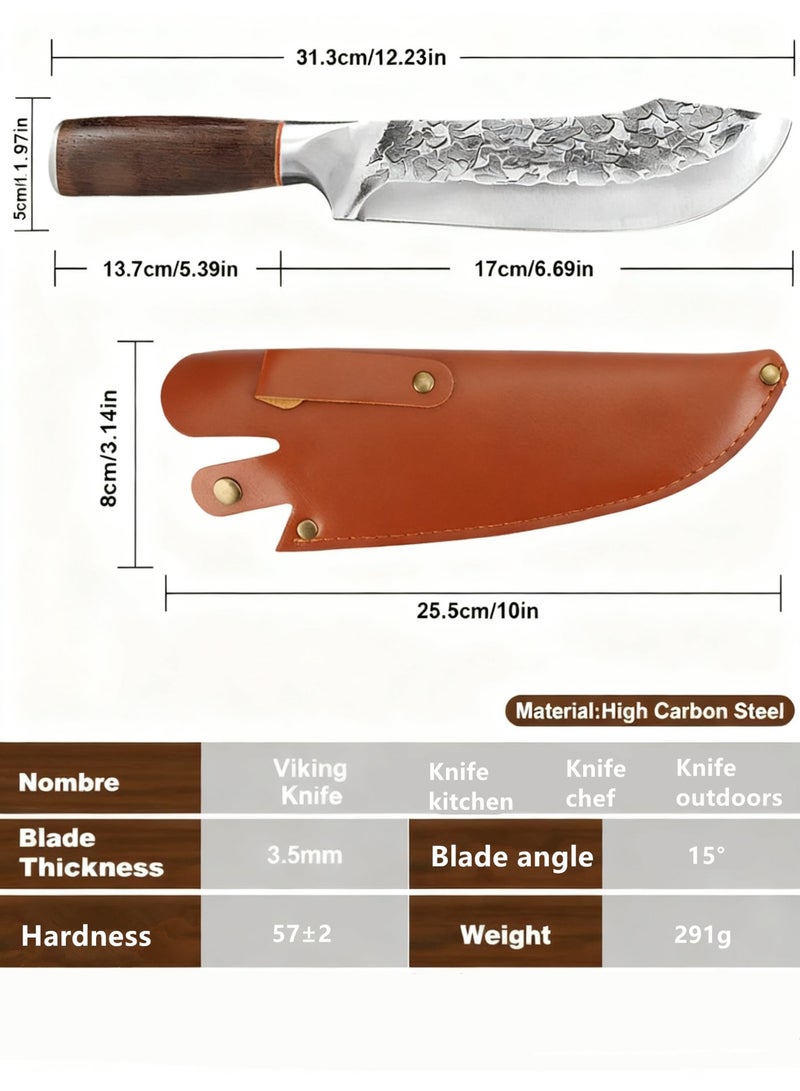 Saiboro Kitchen Knife Chef Knife With Leather Sheath Viking Knife Forged Steel,Meat Knife Boning Knife for Meat Cutting, Professional Chef Deboning Knife, Butcher Trimming Fillet Knife for Meat Fish, Full Tang Wood Handle Knife，Chef Knife with Sheath Kitchen Knife Hand Forged Boning Knife Japanese Style Full Tang Butcher Meat Knives for Home Outdoor Camping Kitchen BBQ - Image 2