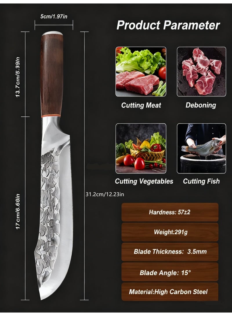 Saiboro Kitchen Knife Chef Knife With Leather Sheath Viking Knife Forged Steel,Meat Knife Boning Knife for Meat Cutting, Professional Chef Deboning Knife, Butcher Trimming Fillet Knife for Meat Fish, Full Tang Wood Handle Knife，Chef Knife with Sheath Kitchen Knife Hand Forged Boning Knife Japanese Style Full Tang Butcher Meat Knives for Home Outdoor Camping Kitchen BBQ - Image 5