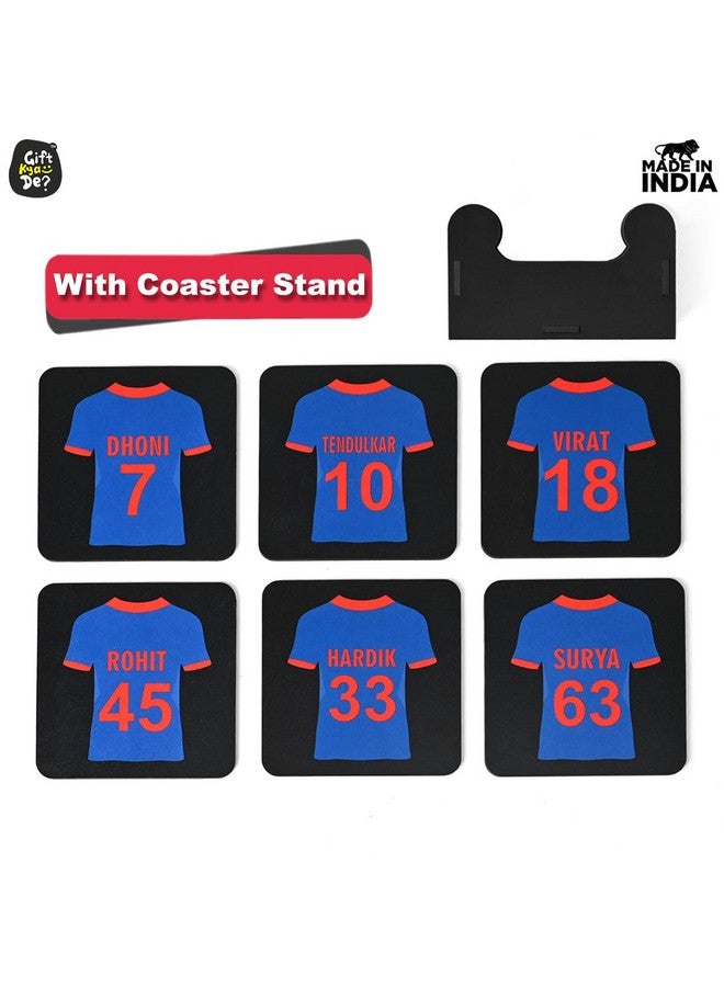 Gift Kya De GKD Coaster Set of 6 Cricket Themed Gifts with Proper Coaster Stand Designer Coaster Set fit for Tea Cups, Coffee Mugs and Glasses (Square 3.8 X 3.8 Inch) (Indian Cricket Team Jersey) - Image 2