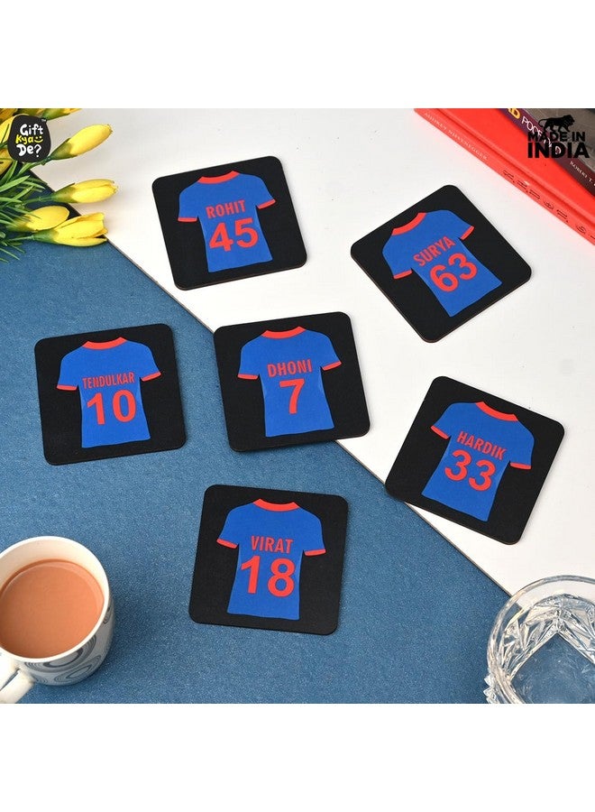 Gift Kya De GKD Coaster Set of 6 Cricket Themed Gifts with Proper Coaster Stand Designer Coaster Set fit for Tea Cups, Coffee Mugs and Glasses (Square 3.8 X 3.8 Inch) (Indian Cricket Team Jersey) - Image 1
