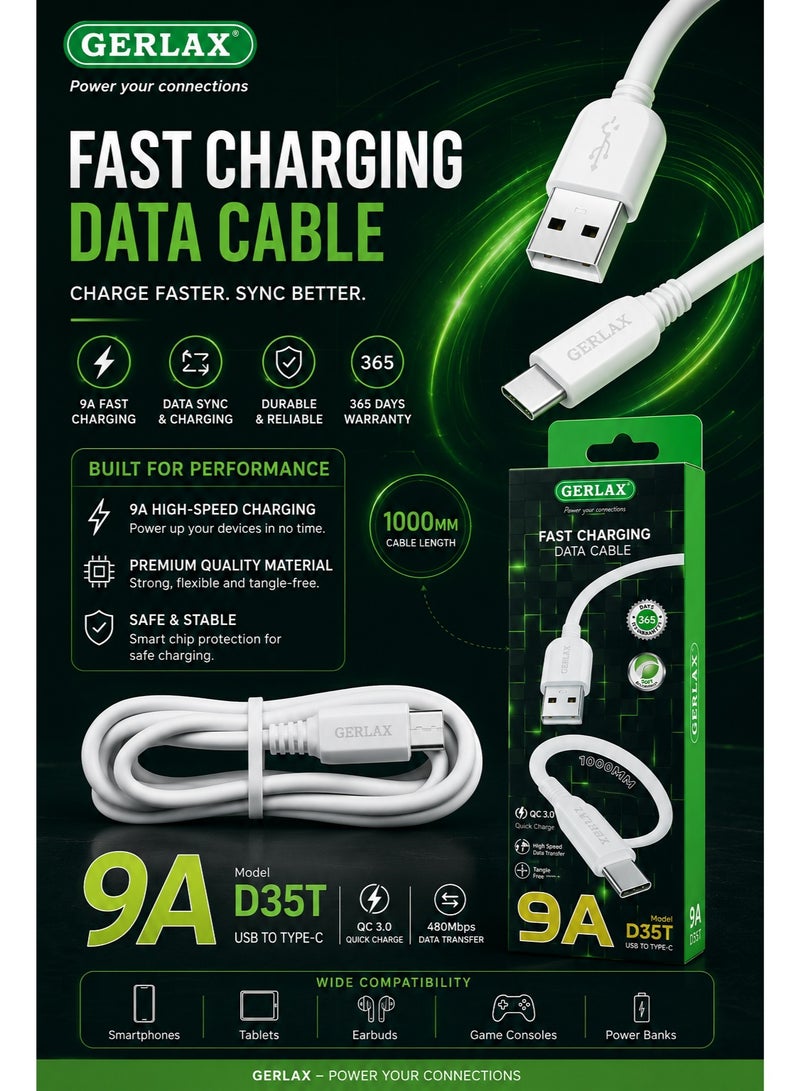 جيرلاكس كابل USB إلى Type-C للشحن السريع ونقل البيانات (تيار 9 أمبير)، بطول متر واحد ومصنوع من مادة PVC، يدعم تقنيتي QC 3.0 وTurbo Charge؛ متوافق مع هواتف أندرويد الذكية والأجهزة اللوحية وبنوك الطاقة (Power Banks) والأجهزة المزودة بمنفذ USB-C. - Image 2