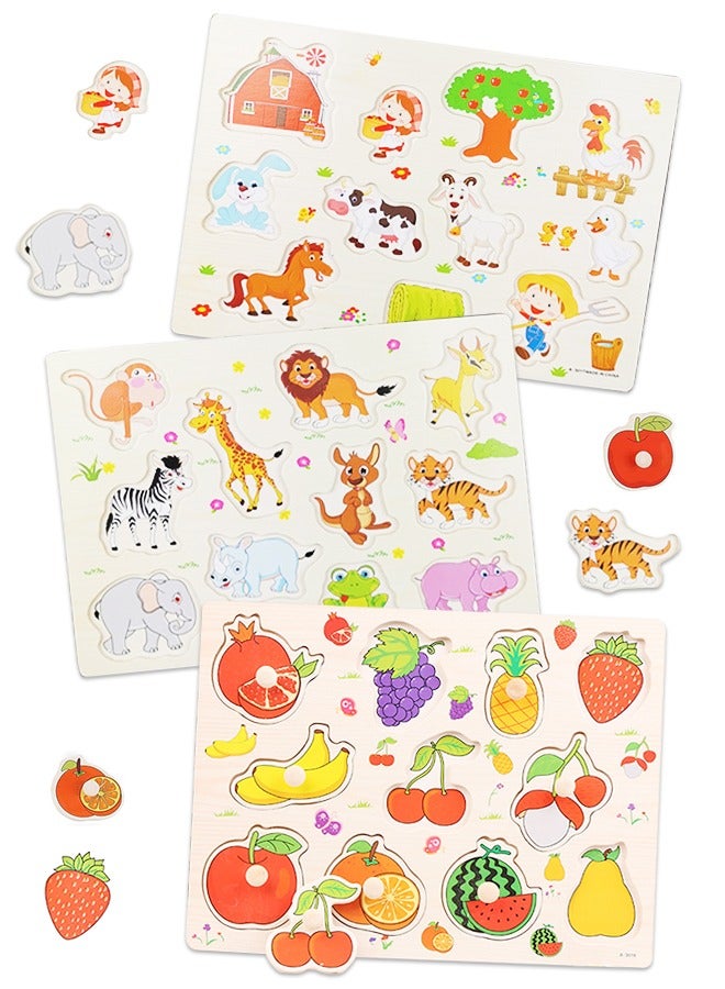 UETEEY 3 Pieces Wooden Puzzles Set，Fruits, Farm and Animals Learning Wooden Puzzles Board for Kids, Preschool Educational Puzzles Activity Toys - Image 1