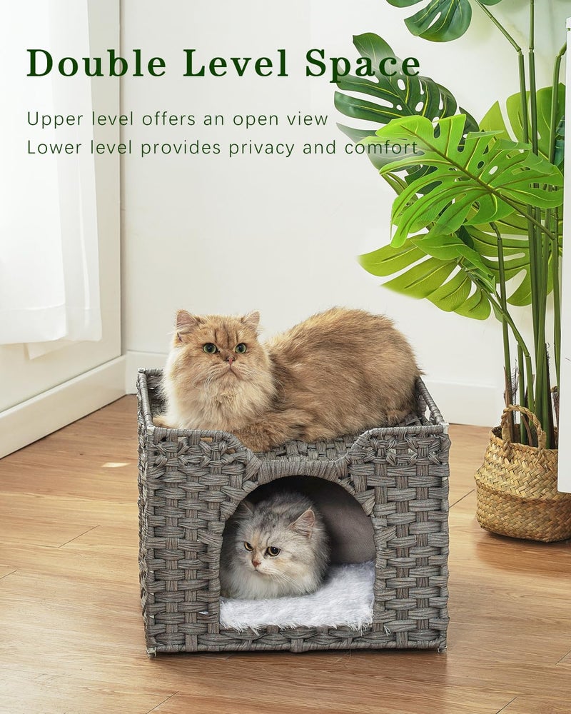 SETVSON Cat Beds Indoor Kitten House, Handwoven Rattan Cat Cave Pet Cube, Large Cat Houses, One Bed Mat, Foldable, Hideaway, 16.5x16.5x13.2 Inches, 2 S-Shaped Hooks in Living Room Bedroom Gray - Image 2