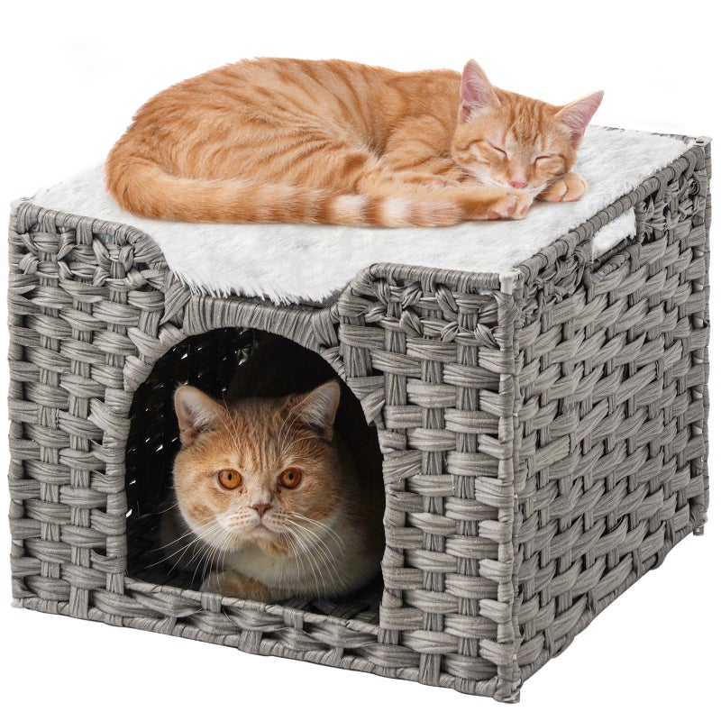 SETVSON Cat Beds Indoor Kitten House, Handwoven Rattan Cat Cave Pet Cube, Large Cat Houses, One Bed Mat, Foldable, Hideaway, 16.5x16.5x13.2 Inches, 2 S-Shaped Hooks in Living Room Bedroom Gray - Image 1