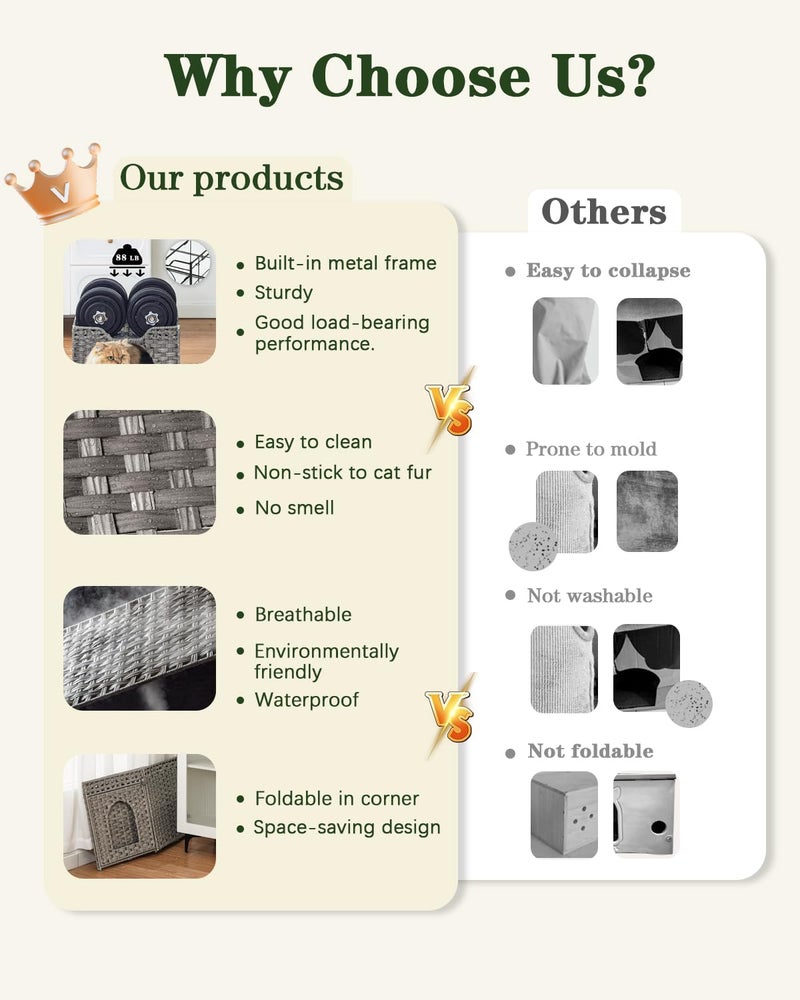 SETVSON Cat Beds Indoor Kitten House, Handwoven Rattan Cat Cave Pet Cube, Large Cat Houses, One Bed Mat, Foldable, Hideaway, 16.5x16.5x13.2 Inches, 2 S-Shaped Hooks in Living Room Bedroom Gray - Image 4