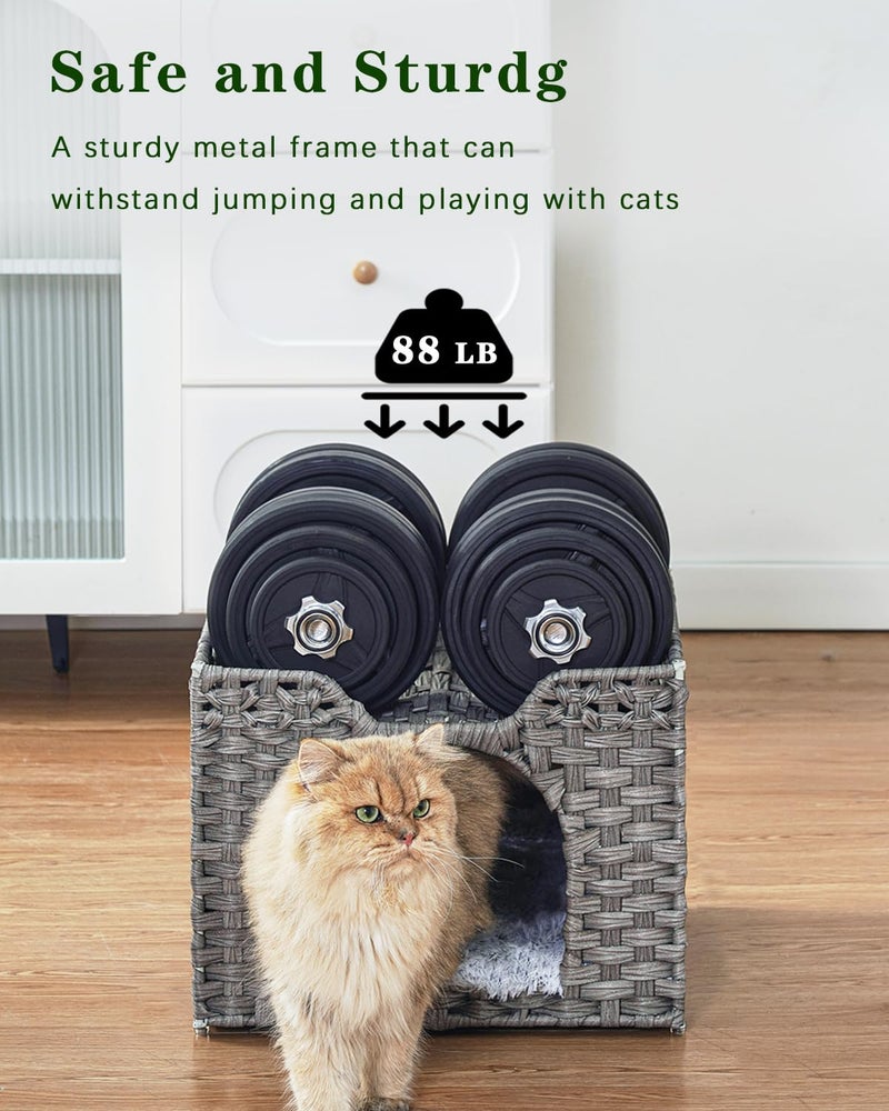 SETVSON Cat Beds Indoor Kitten House, Handwoven Rattan Cat Cave Pet Cube, Large Cat Houses, One Bed Mat, Foldable, Hideaway, 16.5x16.5x13.2 Inches, 2 S-Shaped Hooks in Living Room Bedroom Gray - Image 3