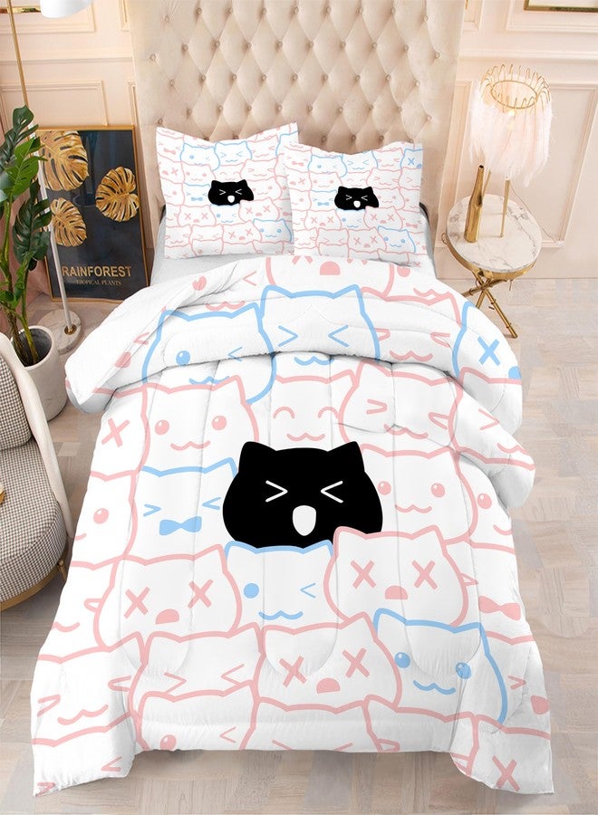 EDGZKO Cute Cat Comforter Set Full Size Girls Pink Black Bedding Set for Kids Teens Adults Cartoon Animals Quilt Duvet Bed Set Bedroom Decor 1 Comforter & 2 Pillowcases - Image 1