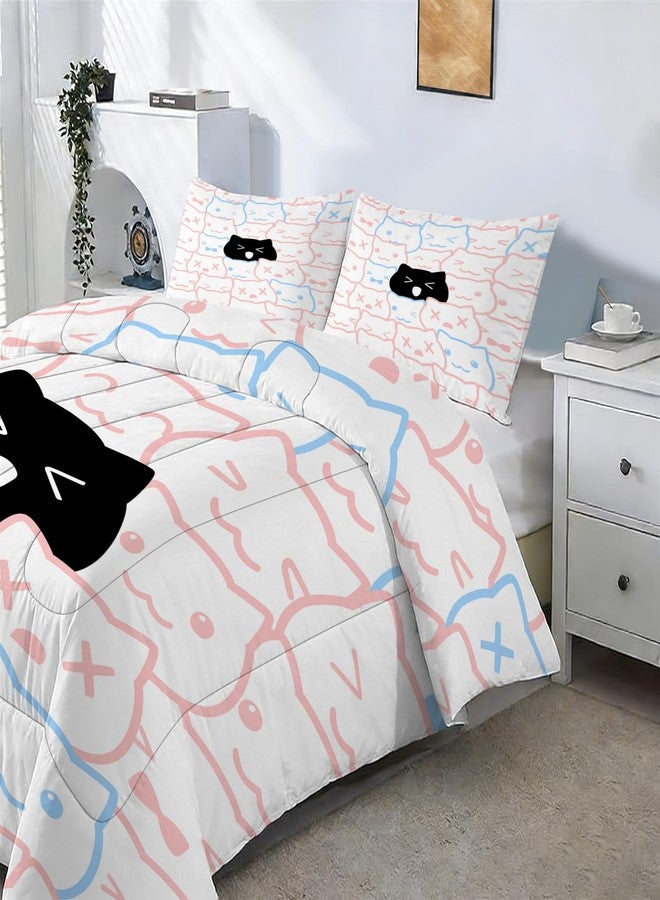 EDGZKO Cute Cat Comforter Set Full Size Girls Pink Black Bedding Set for Kids Teens Adults Cartoon Animals Quilt Duvet Bed Set Bedroom Decor 1 Comforter & 2 Pillowcases - Image 3