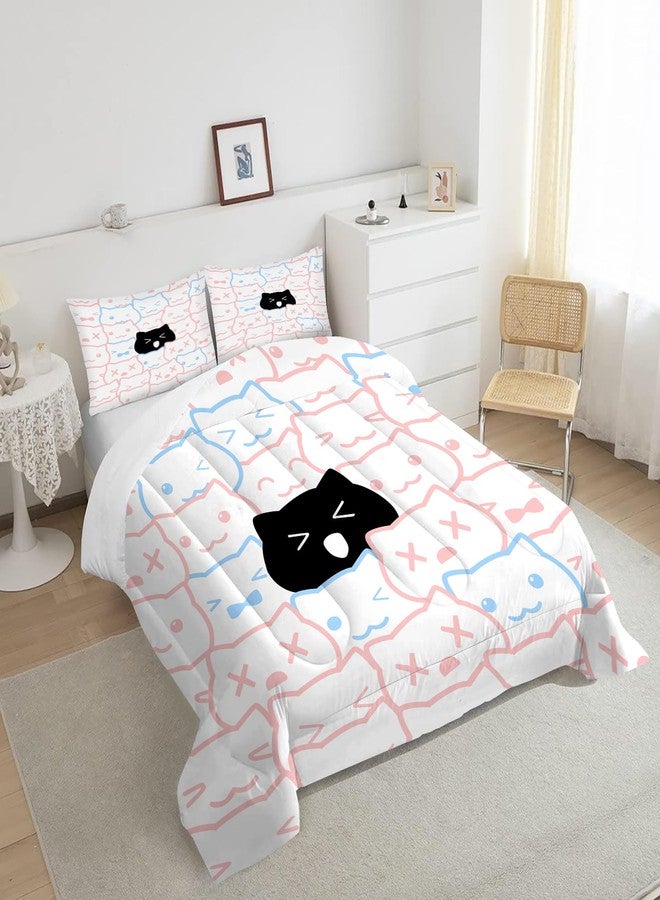 EDGZKO Cute Cat Comforter Set Full Size Girls Pink Black Bedding Set for Kids Teens Adults Cartoon Animals Quilt Duvet Bed Set Bedroom Decor 1 Comforter & 2 Pillowcases - Image 2