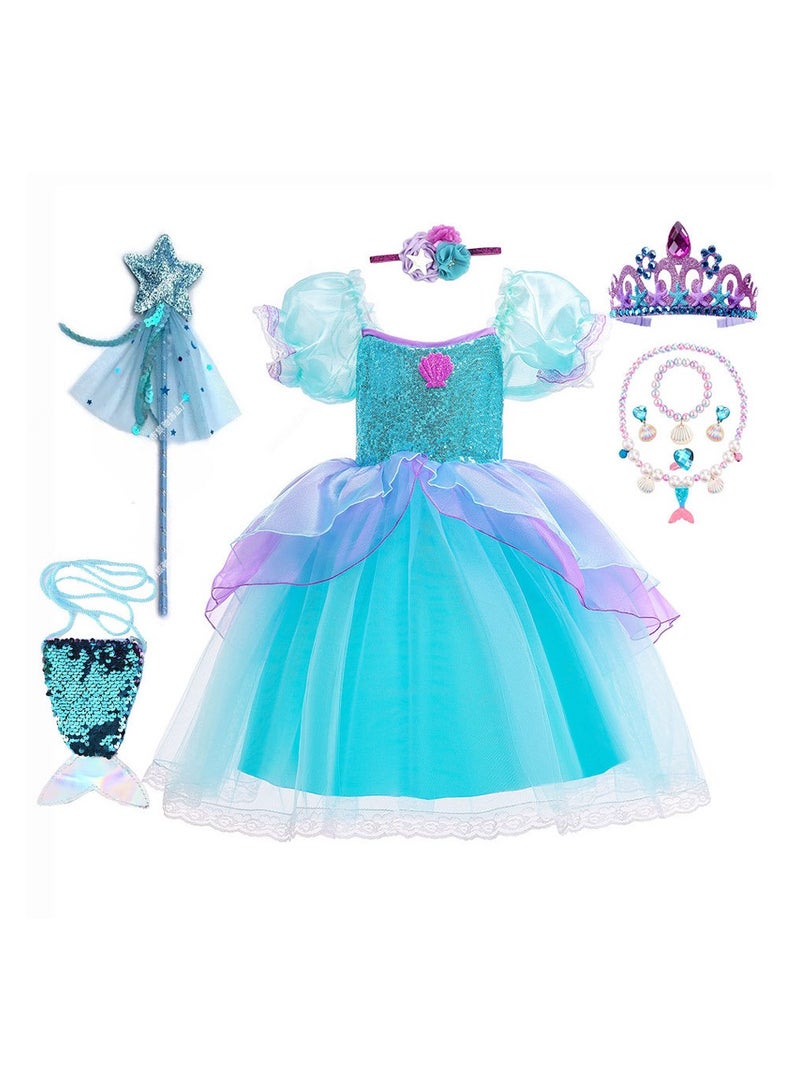 Girls' Mermaid Princess Dress – Short Sleeve Cosplay Outfit for Birthday, Party & Dress-Up – 120cm - Image 1