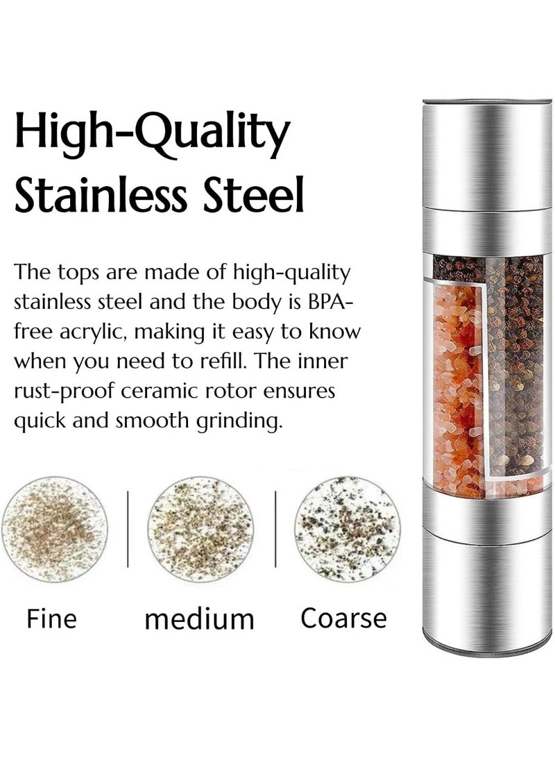 ديوتي مطحنة ملح وفلفل 2 في 1 من الفولاذ المقاوم للصدأ، مطحنة مزدوجة قابلة لإعادة التعبئة مع دوار سيراميك قابل للتعديل، وأغطية مقاومة للرطوبة، وهيكل أكريليك شفاف لطحن طازج ومتساوي. - Image 2