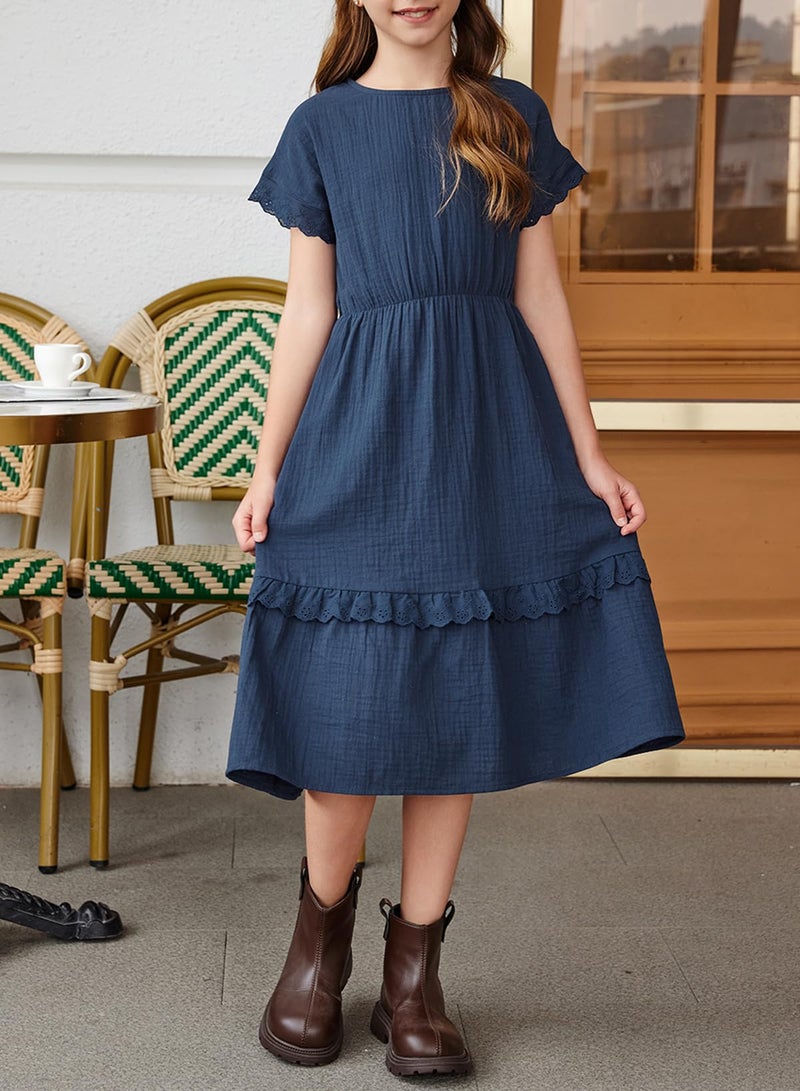 blibean Girls Summer Short Sleeve Dresses Big Kid Cotton Boho Lace Ruffle Semi Formal Dress Solid Casual Fancy Flare Party Clothes Dressy Outfit Size 12-13 Year Old Navy Blue - Image 2