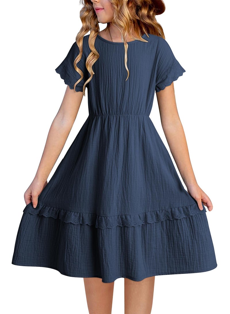 blibean Girls Summer Short Sleeve Dresses Big Kid Cotton Boho Lace Ruffle Semi Formal Dress Solid Casual Fancy Flare Party Clothes Dressy Outfit Size 12-13 Year Old Navy Blue - Image 1