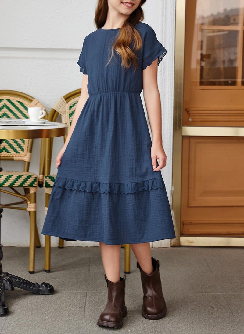 blibean Girls Summer Short Sleeve Dresses Big Kid Cotton Boho Lace Ruffle Semi Formal Dress Solid Casual Fancy Flare Party Clothes Dressy Outfit Size 12-13 Year Old Navy Blue - Image 3
