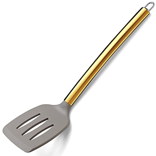 Berglander Non-stick Silicone Slotted Turner with Titanium Gold Plated Handle for Cooking, Dishwasher Safe, Easy to Clean - Image 1
