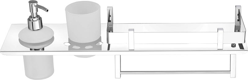 Plantex Stainless Steel 4in1 Multipurpose Bathroom Shelf/Bathroom Steel Rack with Tumbler Holder, Towel Rod and Liquid Soap Dispenser Chrome (18x5 inches) - Image 5