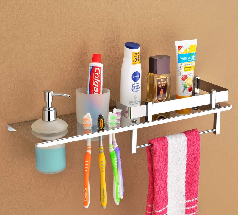 Plantex Stainless Steel 4in1 Multipurpose Bathroom Shelf/Bathroom Steel Rack with Tumbler Holder, Towel Rod and Liquid Soap Dispenser Chrome (18x5 inches) - Image 1