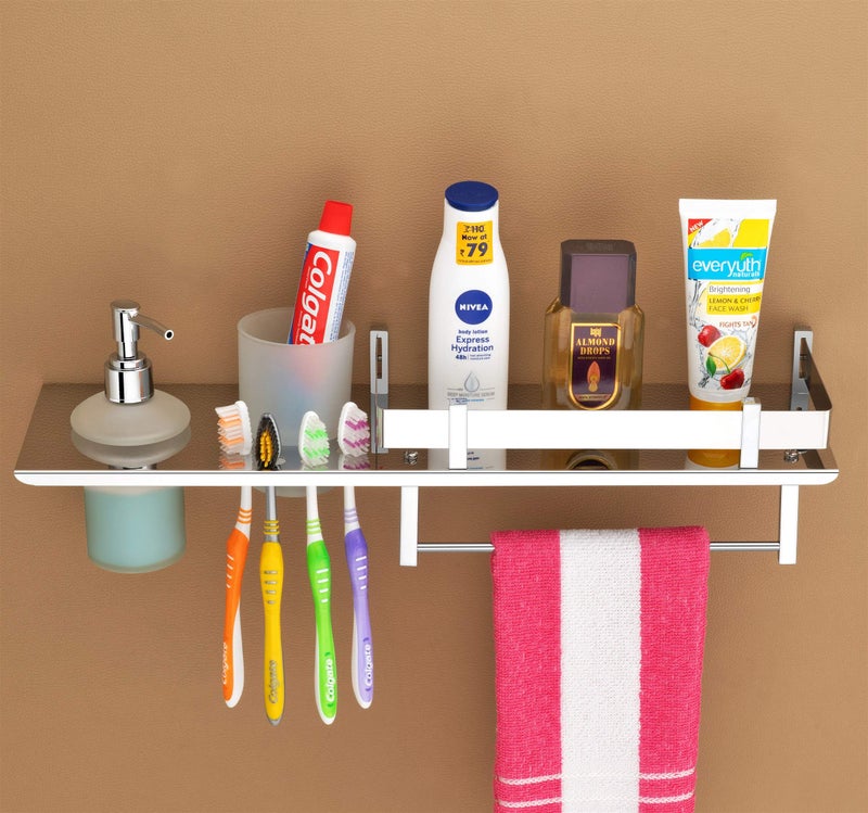 Plantex Stainless Steel 4in1 Multipurpose Bathroom Shelf/Bathroom Steel Rack with Tumbler Holder, Towel Rod and Liquid Soap Dispenser Chrome (18x5 inches) - Image 3