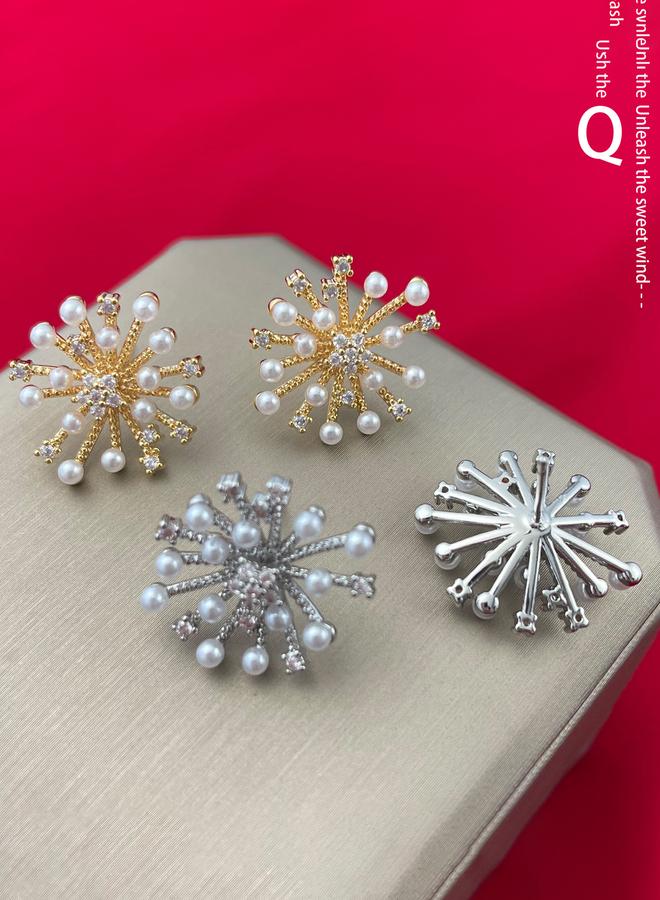 Take Two Gold Firework Shape Earrings with Faux Pearl - Image 2