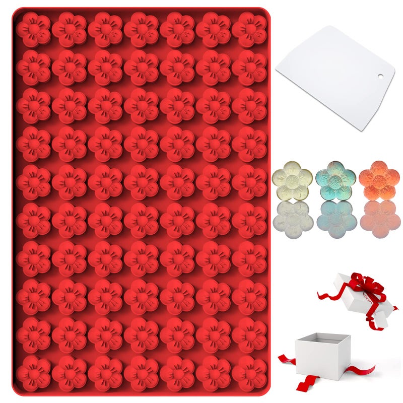 Amyandone Flower Silicone Mold, Small Plum Blossom Shaped Flower Molds with 70 Cavities for Making Chocolate/Candy/Gummy/Cookie/Jelly/Ice Cube/Edible Flowers for Cake Decorating, Wintersweet Mold, with Scraper - Image 1