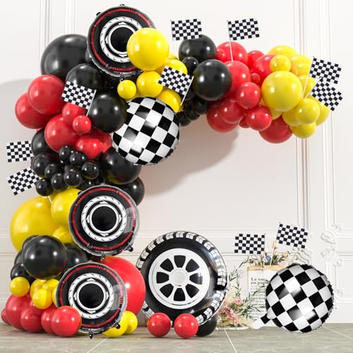 OWPFJG 178pcs Race Car Balloon Garland Arch Red Black Yellow Balloons Decoration with Checkered Flags and Wheels Racing Themed Birthday Party Supplies for Boys Girls - Image 1
