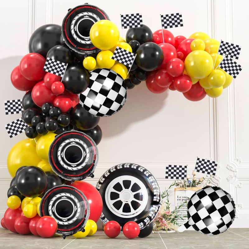 OWPFJG 178pcs Race Car Balloon Garland Arch Red Black Yellow Balloons Decoration with Checkered Flags and Wheels Racing Themed Birthday Party Supplies for Boys Girls - Image 2