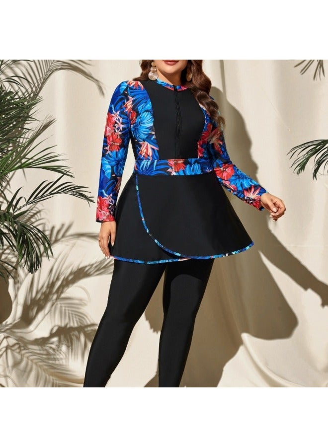 إسكدنيا ملابس سباحة إسلامية محافظة 2024 مقاس كبير ملابس سباحة مطبوعة سروال نسائي + بلوزة + تنورة ثلاث قطع-اللون: أزرق داكن- - Image 2