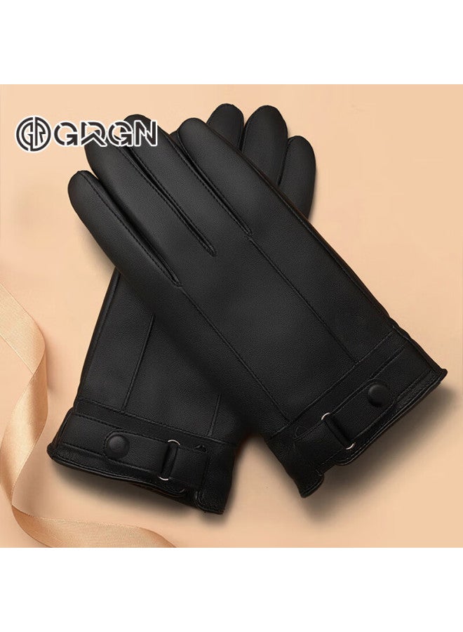 Grgn Men's Winter Riding Leather Gloves Fleece Lined Thickened Warm Waterproof Ski Motorcycle Gloves