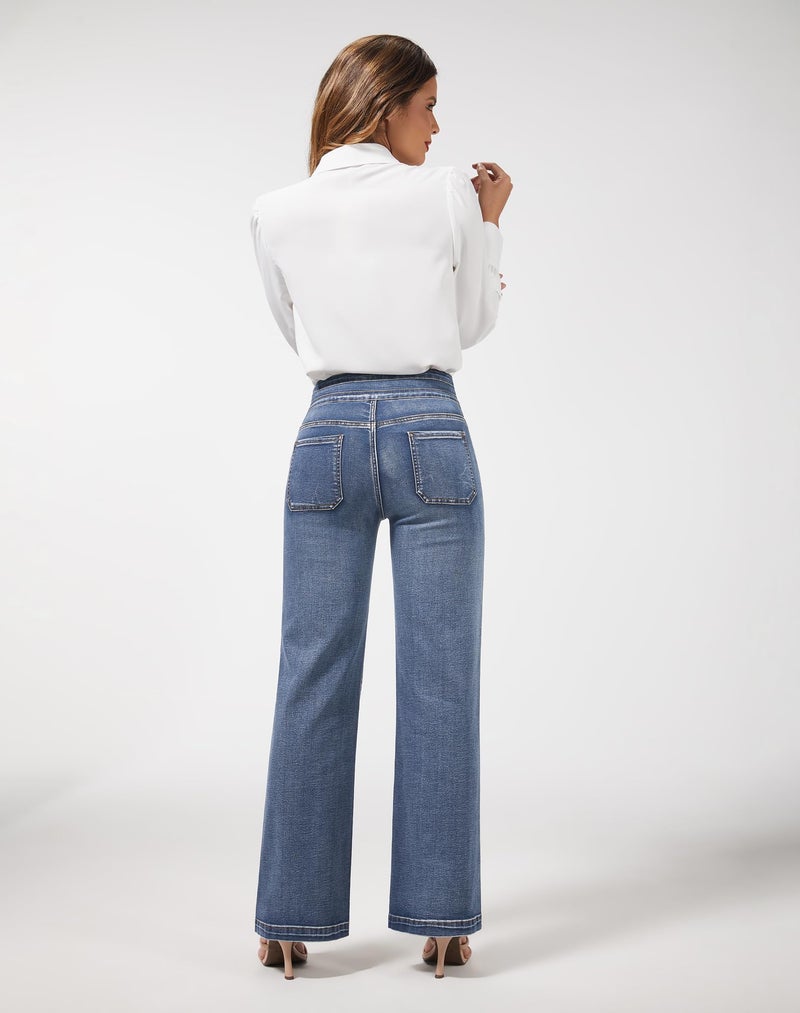 roswear Wide Leg Jeans Woman High Waist Stretchy Loose Denim Pants 104 Blue Medium - Image 3