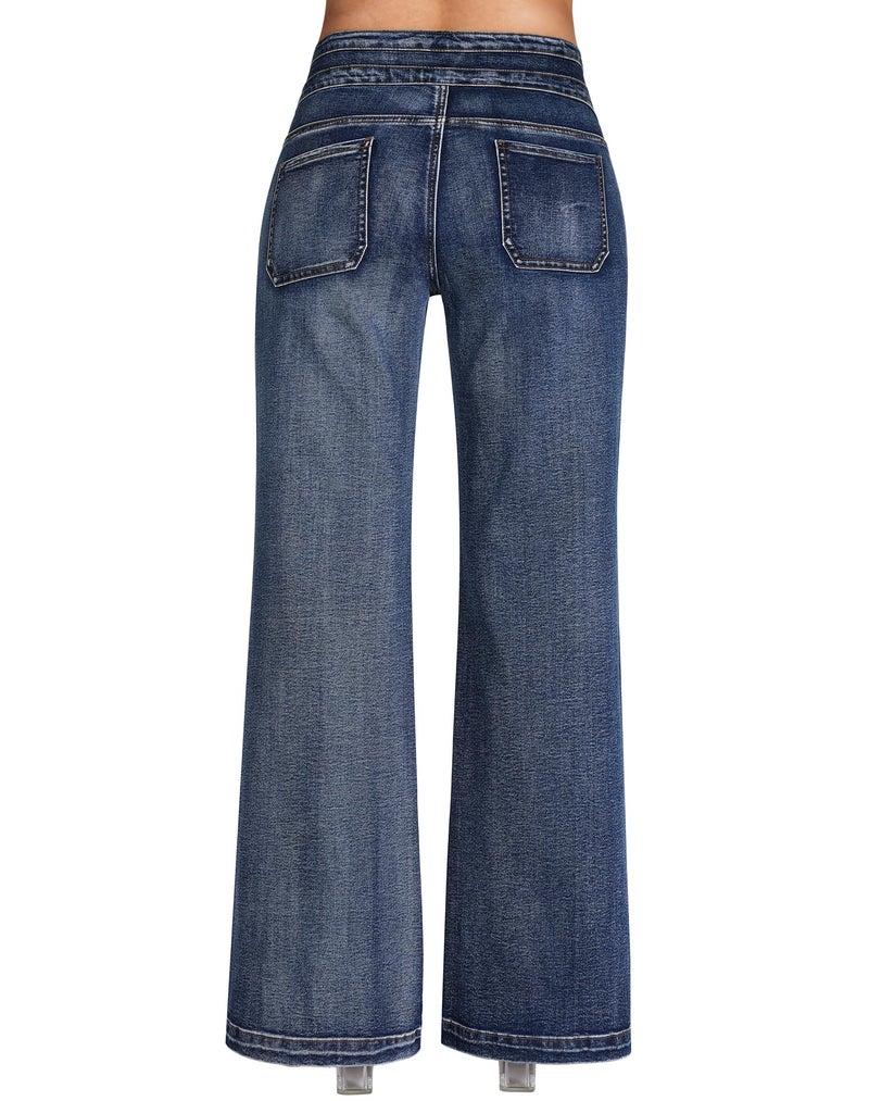roswear Wide Leg Jeans Woman High Waist Stretchy Loose Denim Pants 104 Blue Medium - Image 2