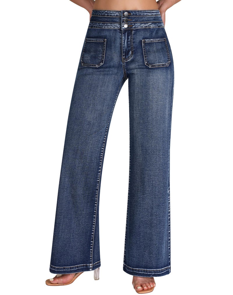 roswear Wide Leg Jeans Woman High Waist Stretchy Loose Denim Pants 104 Blue Medium - Image 1