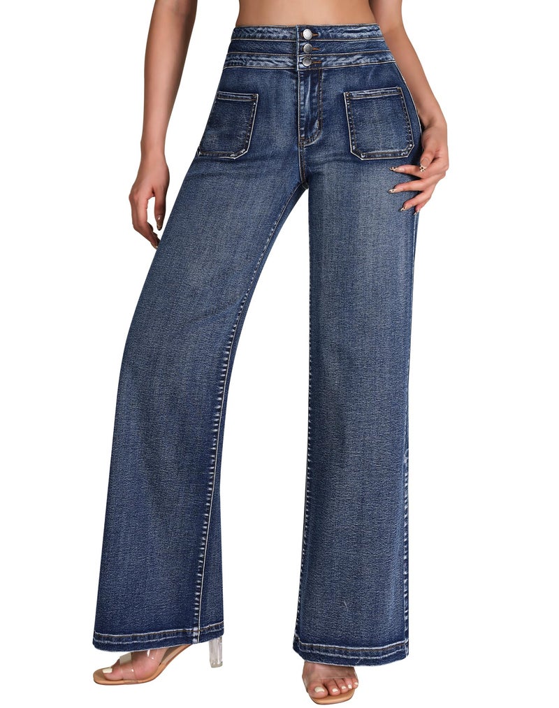 roswear Wide Leg Jeans Woman High Waist Stretchy Loose Denim Pants 104 Blue Medium - Image 4