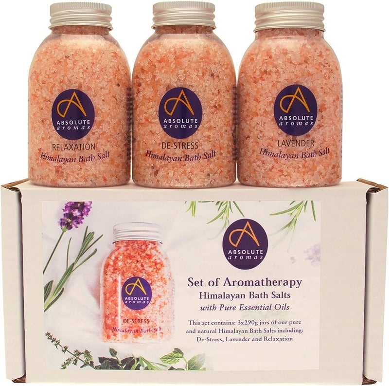 Absolute Aromas Pink Himalayan Bath Salts Set DeStress Lavender and Relaxation 3 x 290g Jar Himalayan Salts Infused with 100 Pure Essential Oils