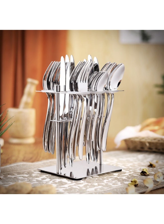 طقم أدوات مائدة من الفولاذ المقاوم للصدأ مكون من 24 قطعة مع حامل تخزين - أدوات مائدة مصقولة على الطراز الاسكندنافي