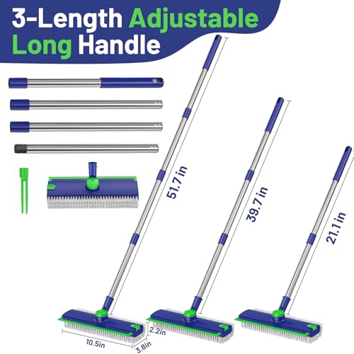 EHADOO Floor Scrub Brush with Long Handle: 3 in 1 Heavy-Duty Floor Scrubber Brush with Squeegee for Cleaning Tile Bathroom Deck Kitchen Patio - Blue - Image 2