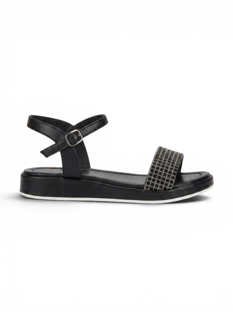 LIFESTYLISH sandals Flat leather with diamond strap SF-60- Black - Image 3