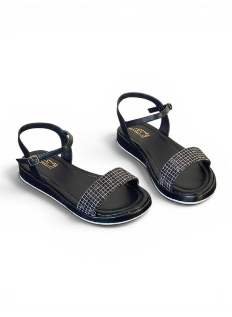 LIFESTYLISH sandals Flat leather with diamond strap SF-60- Black - Image 4