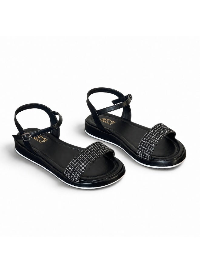 LIFESTYLISH sandals Flat leather with diamond strap SF-60- Black - Image 1