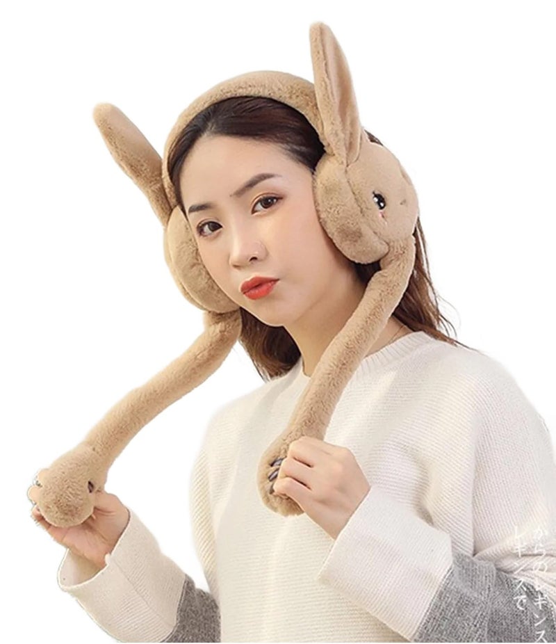 THE DDS STORE Women's Winter Plush Earwarmer Bunny Earmuffs with Moving Jumping Rabbit Ears Headbands Winter Ear Warmers for Women Girls (Khaki) - Image 1