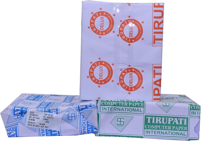 TIRUPATI ورق طابعة نقطية 10" × 12" 3 أجزاء 250 ورقة مستمرة 60 جرام | ورق كمبيوتر 10x12x3= قطع أفقية بيضاء - Image 3