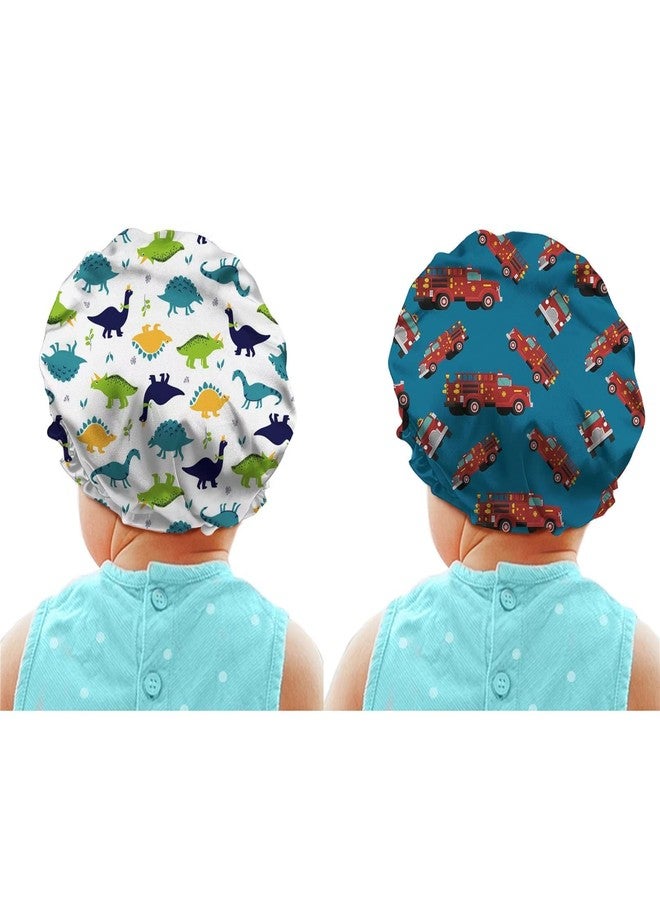 Babrukda Car Dinosaur Fashion Kids Satin Bonnet, 2 Pack Satin Sleeping Cap for Curly Natural Long Hair Dreadlocks Adjustable Stretch Head Cover Sleeping Beanie Hat for Girls Boys Toddler Baby Youth - Image 1