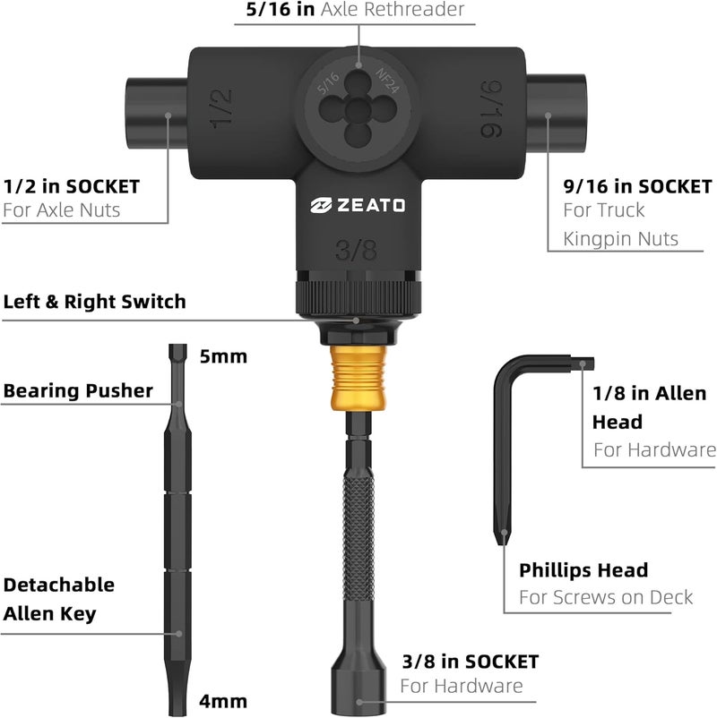 Zeato All-in-One Skate Tools Multi-Function Portable Skateboard T Tool Accessory with T-Type Allen Key and L-Type Phillips Head Wrench Screwdriver - Image 2