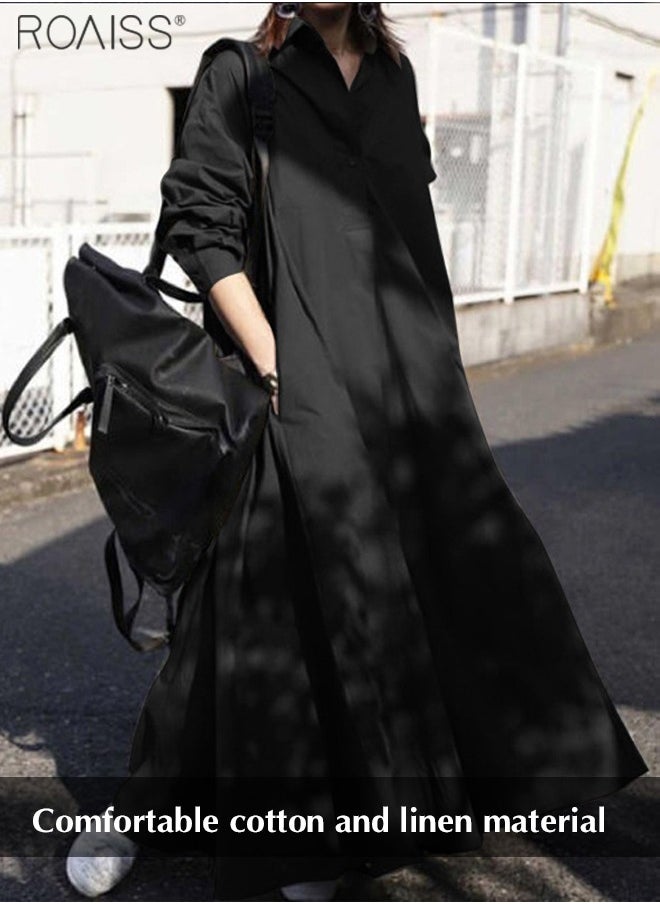 roaiss Women's Loose Fitting Cotton Linen Dress Casual Pullover Long Sleeve Daily Dress Classic Lapel Loose Hem  - Image 1