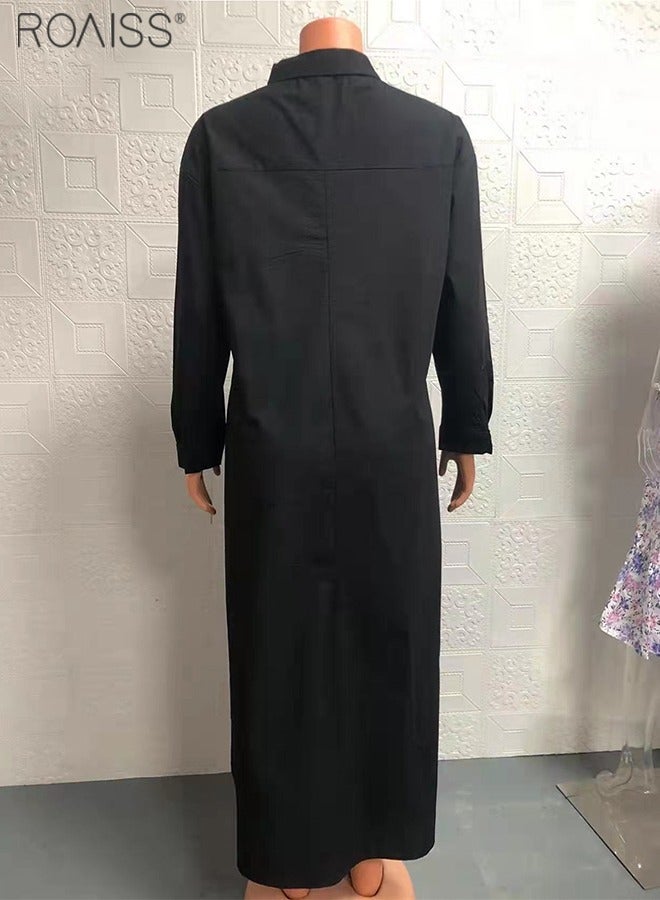 رويس فستان نسائي فضفاض من القطن والكتان، بلوفر كاجوال، بأكمام طويلة، فستان يومي كلاسيكي، طية صدر السترة، وحاشية فضفاضة - Image 4