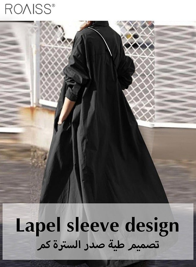 رويس فستان نسائي فضفاض من القطن والكتان، بلوفر كاجوال، بأكمام طويلة، فستان يومي كلاسيكي، طية صدر السترة، وحاشية فضفاضة - Image 2