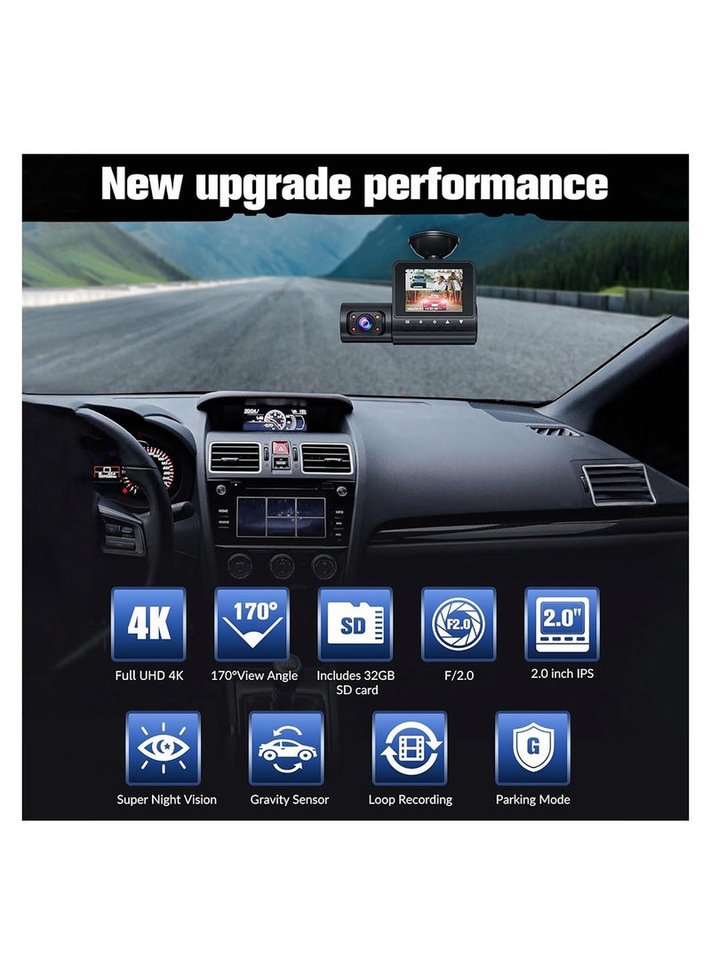 Y&D Dash Camera for Cars, 1080P Full HD 3 Channel Cam Front & Rear Inside, Built-in 2.4'' IPS Screen, WDR, G-Sensor, 24H Parking Mode, 170°Wide Angle, Dashcam with Night Vision 32GB SD Card  - Image 2